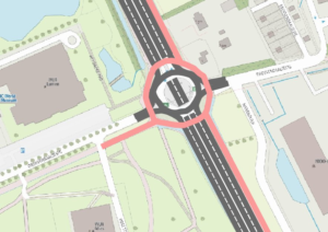 Schets reconstructie kruispunt Droevendaal: 2x1 onderdoor en 2x1 via rotonde (bron: WGoW)